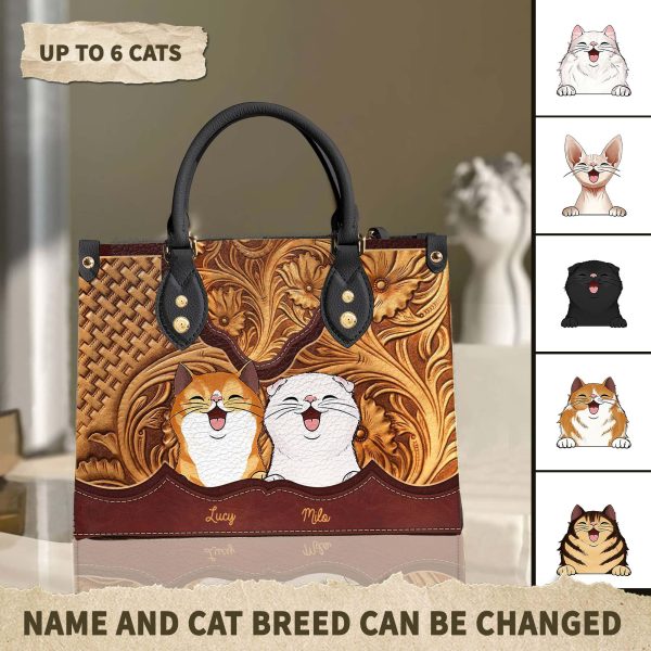 Cat Brown Flower Patterns Personalized Leather Handbag, Personalized Gift for Cat Lovers, Cat Mom, Cat Dad - LD022PS07 Online