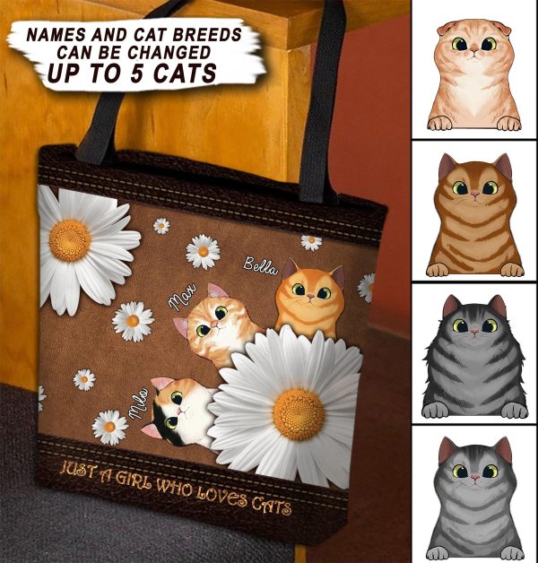 Cat Just A Girl Loves Cats With Daisy Patterns Personalized Tote Bag, Personalized Gift for Cat Lovers, Cat Mom, Cat Dad - TO016PS07 Hot on Sale